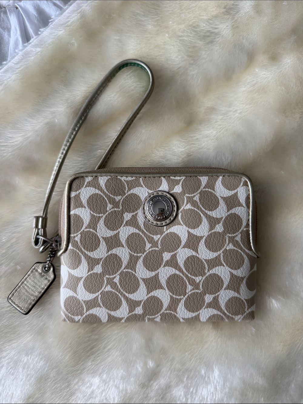 Coach Beige & White Signature Wristlet with Metallic Trim